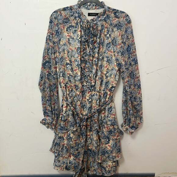 LAUREN RALPH LAUREN FLORAL CRINKLE GEORGETTE TIE NECK TIERED DRESS SIZE 10 - Picture 3 of 15